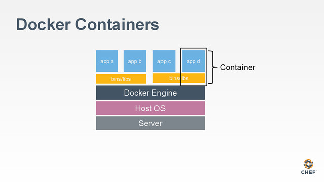 Docker Containers
Server
Host OS
bins/libs
app b app d
app c
Container
Docker Engine
bins/libs
app a
