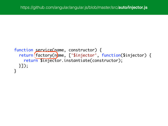 https://github.com/angular/angular.js/blob/master/src/auto/injector.js
function service(name, constructor) {
return factory(name, ['$injector', function($injector) {
return $injector.instantiate(constructor);
}]);
}
