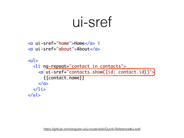 ui-sref
https://github.com/angular-ui/ui-router/wiki/Quick-Reference#ui-sref
<a>Home</a> |
<a>About</a>
!
<ul>
<li>
<a>
{{contact.name}}
</a>
</li>
</ul>
