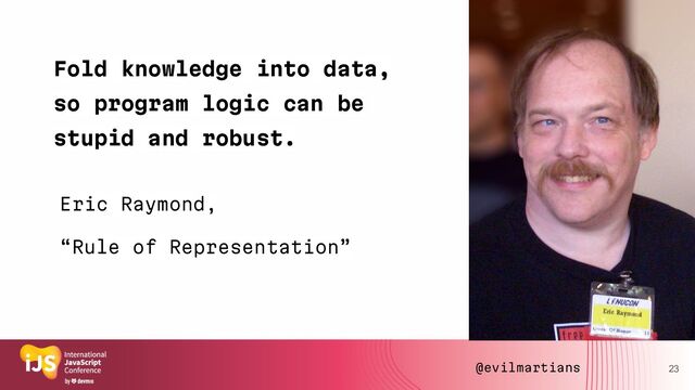 Fold knowledge into data,
so program logic can be
stupid and robust.
23
Eric Raymond,
“Rule of Representation”
@evilmartians
