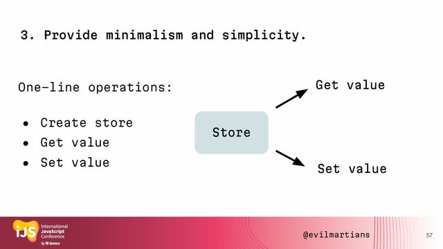 3. Provide minimalism and simplicity.
57
Store
One-line operations:
● Create store
● Get value
● Set value
Get value
Set value
@evilmartians
