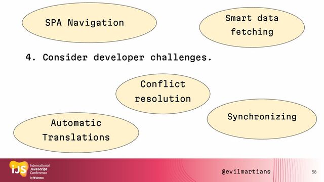 4. Consider developer challenges.
58
SPA Navigation
Smart data
fetching
Automatic
Translations
Conflict
resolution
Synchronizing
@evilmartians
