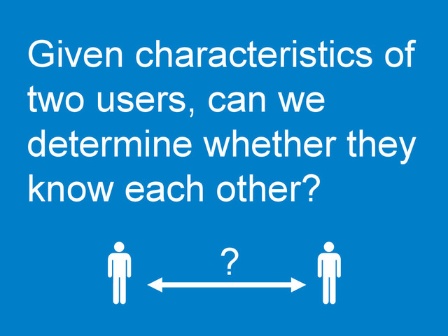 Given characteristics of
two users, can we
determine whether they
know each other?
?
	  
