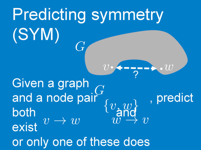 v w
?
	  
G
Predicting symmetry
(SYM)
Given a graph
and a node pair , predict
both and
exist
or only one of these does
{v, w}
v ! w w ! v
G
