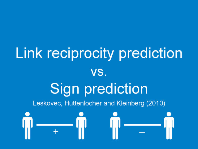 Link reciprocity prediction
vs.
Sign prediction
Leskovec, Huttenlocher and Kleinberg (2010)	  
+
	  
–
	  
