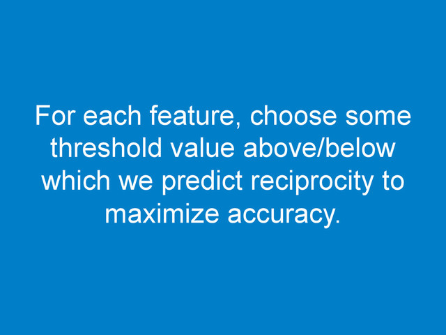 For each feature, choose some
threshold value above/below
which we predict reciprocity to
maximize accuracy.
