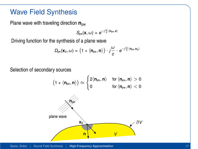 Wave Field Synthesis
Plane wave with traveling direction npw
Spw
(x, ω) = e−j ω
c
npw,x
Driving function for the synthesis of a plane wave
Dpw
(x0
, ω) = 1 + npw
, n · j
ω
c
· e−j ω
c
npw,x0
Selection of secondary sources
1 + npw
, n ≈
2 npw
, n for npw
, n > 0
0 for npw
, n < 0
∂V
V
n
x0
npw
plane wave
Spors, Zotter | Sound Field Synthesis | High-Frequency Approximation 17
