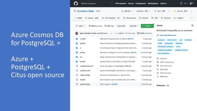 Azure Cosmos DB
for PostgreSQL =
Azure +
PostgreSQL +
Citus open source
