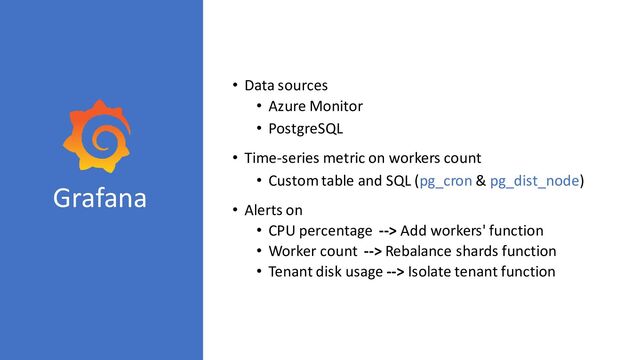 Grafana
• Data sources
• Azure Monitor
• PostgreSQL
• Time-series metric on workers count
• Custom table and SQL (pg_cron & pg_dist_node)
• Alerts on
• CPU percentage --> Add workers' function
• Worker count --> Rebalance shards function
• Tenant disk usage --> Isolate tenant function
