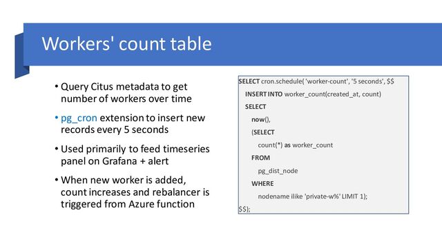 Workers' count table
• Query Citus metadata to get
number of workers over time
• pg_cron extension to insert new
records every 5 seconds
• Used primarily to feed timeseries
panel on Grafana + alert
• When new worker is added,
count increases and rebalancer is
triggered from Azure function
SELECT cron.schedule( 'worker-count', '5 seconds', $$
INSERT INTO worker_count(created_at, count)
SELECT
now(),
(SELECT
count(*) as worker_count
FROM
pg_dist_node
WHERE
nodename ilike 'private-w%' LIMIT 1);
$$);
