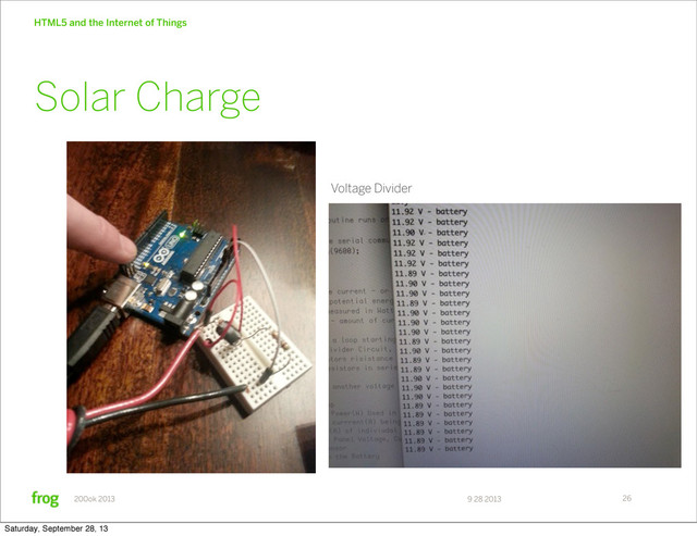 9 28 2013
200ok 2013
HTML5 and the Internet of Things
26
Solar Charge
Voltage Divider
Saturday, September 28, 13

