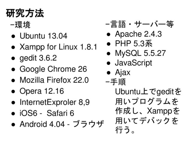 研究方法
−環境
● Ubuntu 13.04
● Xampp for Linux 1.8.1
● gedit 3.6.2
● Google Chrome 26
● Mozilla Firefox 22.0
● Opera 12.16
● InternetExproler 8,9
● iOS6 - Safari 6
● Android 4.04 - ブラウザ
−言語・サーバー等
● Apache 2.4.3
● PHP 5.3系
● MySQL 5.5.27
● JavaScript
● Ajax
−手順
Ubuntu上でgeditを
用いプログラムを
作成し、Xamppを
用いてデバックを
行う。
