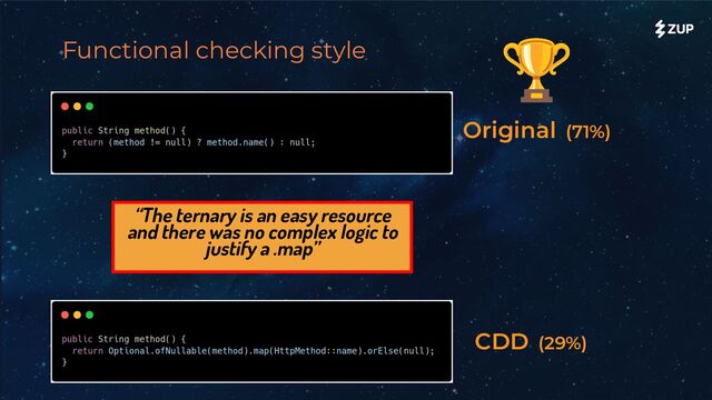 Functional checking style
“The ternary is an easy resource
and there was no complex logic to
justify a .map”
Original (71%)
CDD (29%)
