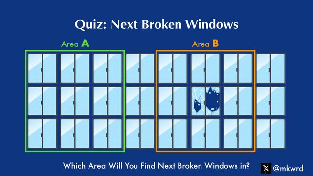 Quiz: Next Broken Windows
Which Area Will You Find Next Broken Windows in?
Area A Area B
@mkwrd
