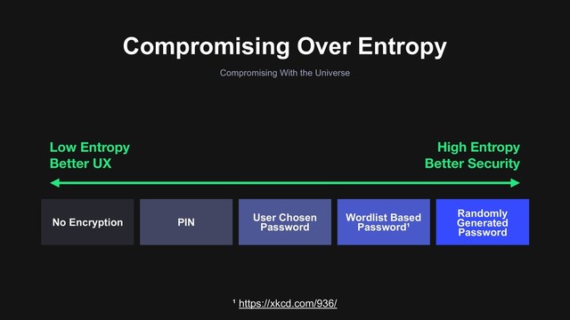 Compromising Over Entropy
Compromising With the Universe
High Entropy
Better Security
Low Entropy
Better UX
No Encryption PIN User Chosen
Password
Wordlist Based
Password¹
Randomly
Generated
Password
¹ https://xkcd.com/936/
