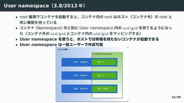 User namespaceʢ3.8/2013 ೥ʣ
• root ݖݶ〜ぢアふべぇىಈ『぀〝ɺぢアふべ಺〣 root 〤りとぷʢぢアふべ֎ʣ〣 root 〝
ಉ」ݖݶぇ࣋〘〛⿶぀
• ぢアふべ (Namespace) ֎〝ผ〠 User namespace ಺〣 uid/gid ぇ࣋〛぀〽⿸〠〟〘
〔ʢぢアふべ֎〣 uid/gid 〝ぢアふべ಺〣 uid/gid ぇろひゃアそ『぀ʣ
• User namespace Λ࢖͏ͱɺϗετͰ͸ಛݖΛ࣋ͨͳ͍ίϯςφ͕ىಈͰ͖Δ
• User namespace ͸ҰൠϢʔβʔͰ࡞੒Մೳ
31/39
