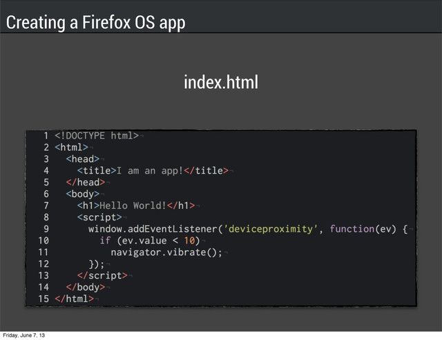 Creating a Firefox OS app
index.html
Friday, June 7, 13
