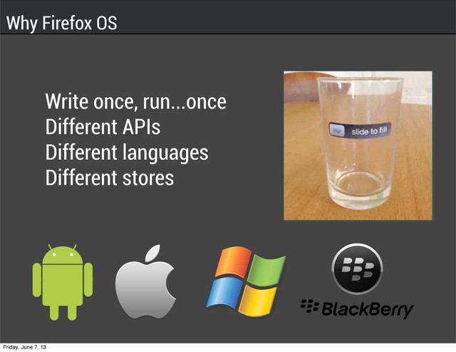 Write once, run...once
Different APIs
Different languages
Different stores
Why Firefox OS
Friday, June 7, 13
