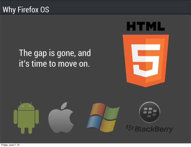 The gap is gone, and
it’s time to move on.
Why Firefox OS
Friday, June 7, 13
