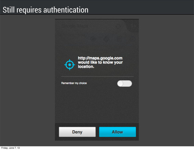 Still requires authentication
Friday, June 7, 13
