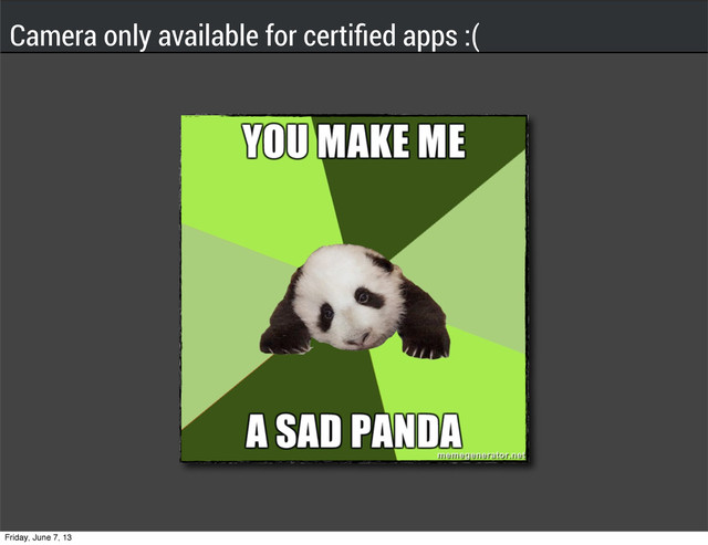 Camera only available for certiﬁed apps :(
Friday, June 7, 13
