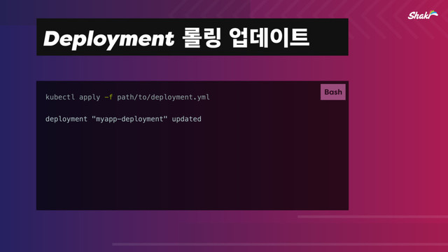 Deployment ܀݂সؘ੉౟
Bash
kubectl apply -f path/to/deployment.yml
deployment "myapp-deployment" updated
