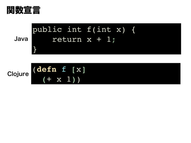ؔ਺એݴ
public int f(int x) {
return x + 1;
}
+BWB
(defn f [x]
(+ x 1))
$MPKVSF
