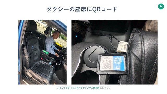 ハッシュタグ: #インターネットプラス研究所 2019-05-21.
46
タクシーの座席にQRコード
