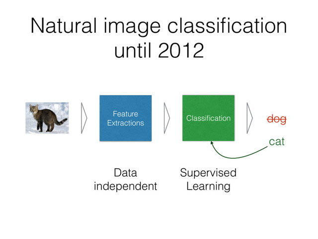 Natural image classiﬁcation
until 2012
Feature
Extractions
Classiﬁcation
Data
independent
Supervised
Learning
dog
cat
