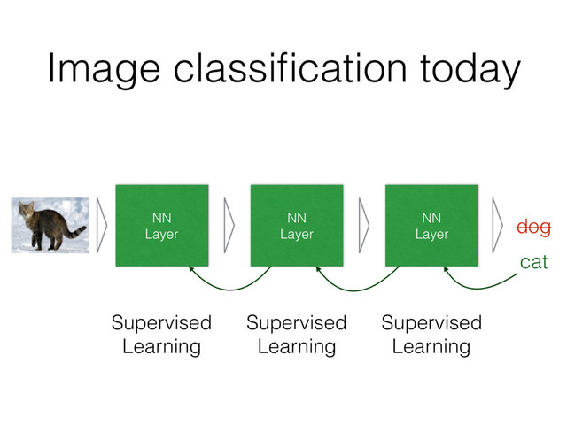 Image classiﬁcation today
NN
Layer
Supervised
Learning
Supervised
Learning
Supervised
Learning
NN
Layer
NN
Layer
dog
cat
