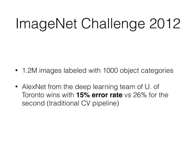 ImageNet Challenge 2012
• 1.2M images labeled with 1000 object categories
• AlexNet from the deep learning team of U. of
Toronto wins with 15% error rate vs 26% for the
second (traditional CV pipeline)
