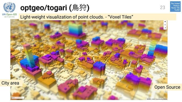 optgeo/togari (⿃狩) 23
Light-weight visualization of point clouds. - ”Voxel Tiles”
Open Source
City area
