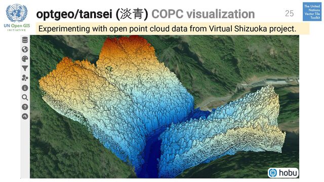 optgeo/tansei (淡⻘) COPC visualization 25
Experimenting with open point cloud data from Virtual Shizuoka project.
