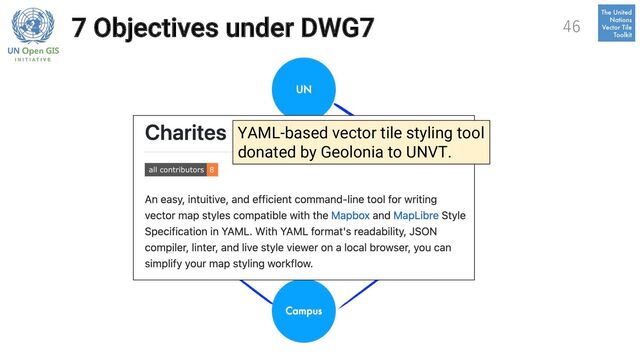 7 Objectives under DWG7 46
#7 Core by Taro M
Document, package, contribute to
essential tools for Smart Maps.
YAML-based vector tile styling tool
donated by Geolonia to UNVT.
