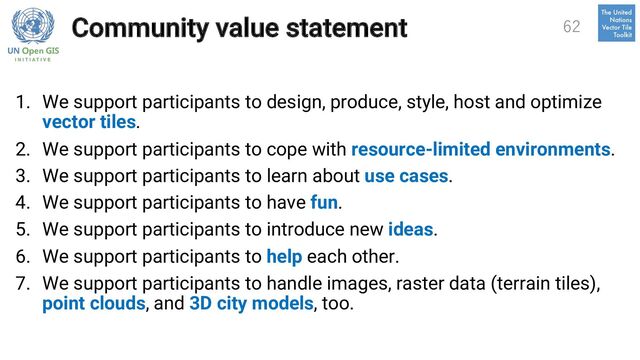 Community value statement
1. We support participants to design, produce, style, host and optimize
vector tiles.
2. We support participants to cope with resource-limited environments.
3. We support participants to learn about use cases.
4. We support participants to have fun.
5. We support participants to introduce new ideas.
6. We support participants to help each other.
7. We support participants to handle images, raster data (terrain tiles),
point clouds, and 3D city models, too.
62
