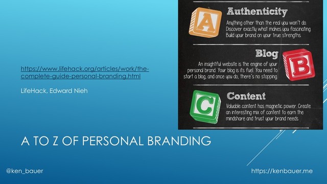 A TO Z OF PERSONAL BRANDING
@ken_bauer https://kenbauer.me
https://www.lifehack.org/articles/work/the-
complete-guide-personal-branding.html
LifeHack, Edward Nieh
