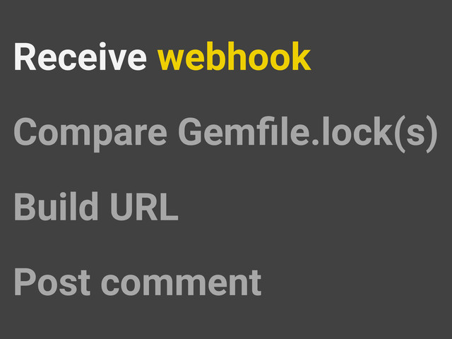 Compare Gemﬁle.lock(s)
Receive webhook
Build URL
Post comment
