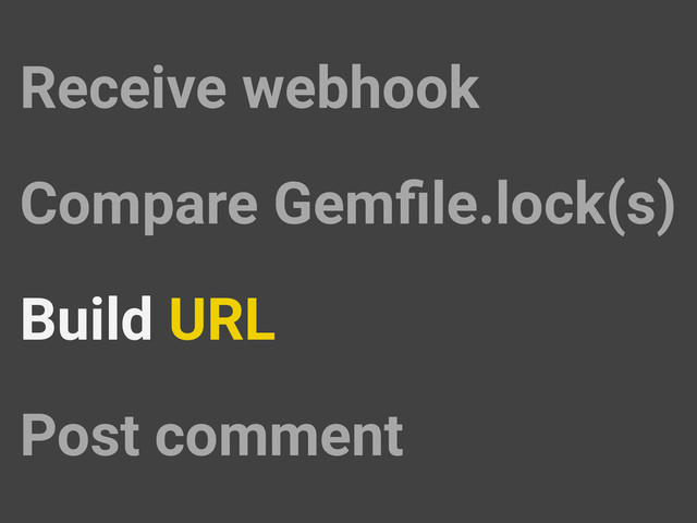 Compare Gemﬁle.lock(s)
Receive webhook
Build URL
Post comment
