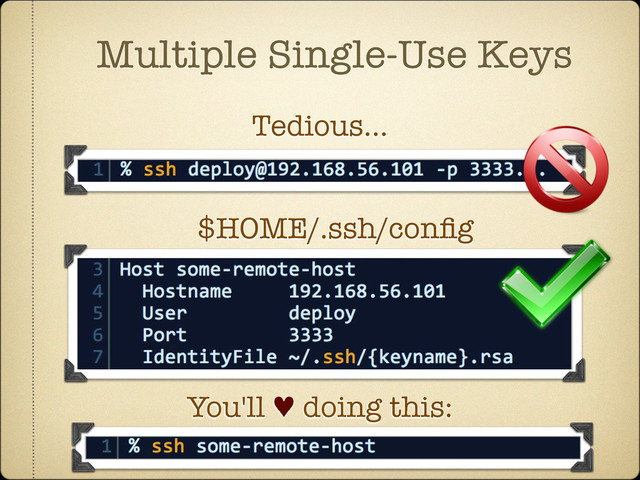 Multiple Single-Use Keys
Tedious...
$HOME/.ssh/conﬁg
You'll ♥ doing this:

