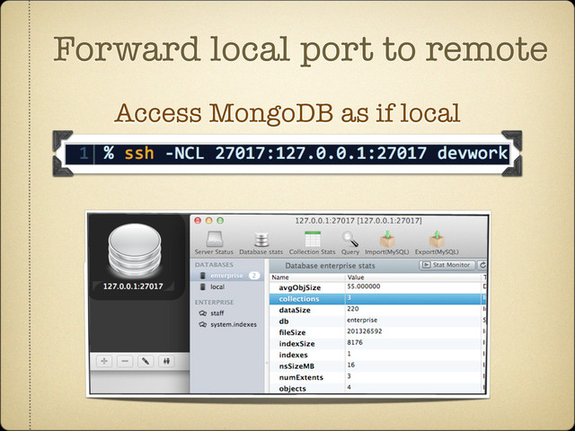Forward local port to remote
Access MongoDB as if local
