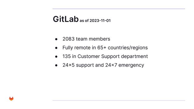 GitLab as of 2023-11-01
● 2083 team members
● Fully remote in 65+ countries/regions
● 135 in Customer Support department
● 24x5 support and 24x7 emergency
