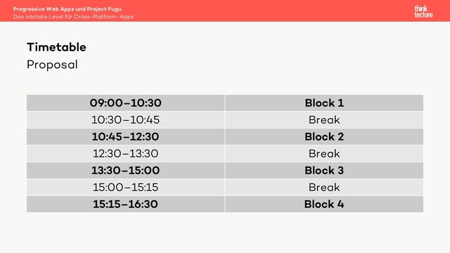 Proposal
09:00–10:30 Block 1
10:30–10:45 Break
10:45–12:30 Block 2
12:30–13:30 Break
13:30–15:00 Block 3
15:00–15:15 Break
15:15–16:30 Block 4
Timetable
Das nächste Level für Cross-Platform-Apps
Progressive Web Apps und Project Fugu
