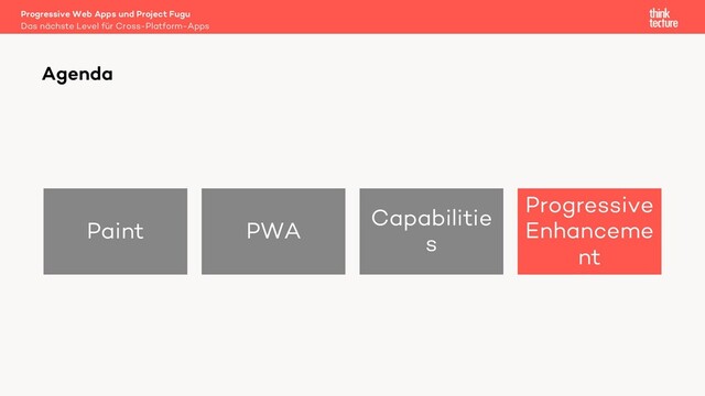 Paint PWA
Capabilitie
s
Progressive
Enhanceme
nt
Agenda
Das nächste Level für Cross-Platform-Apps
Progressive Web Apps und Project Fugu
