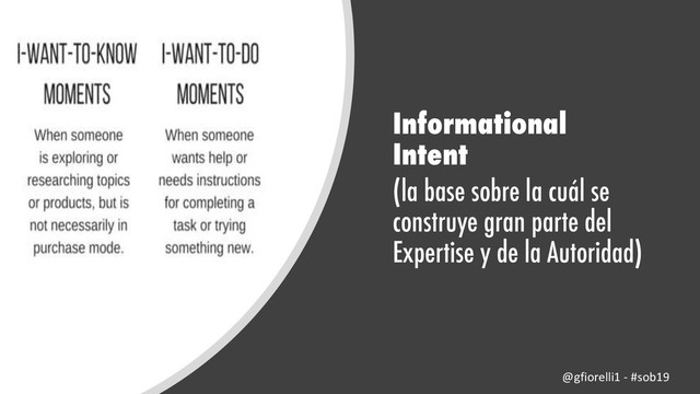 Informational
Intent
(la base sobre la cuál se
construye gran parte del
Expertise y de la Autoridad)
@gfiorelli1 - #sob19

