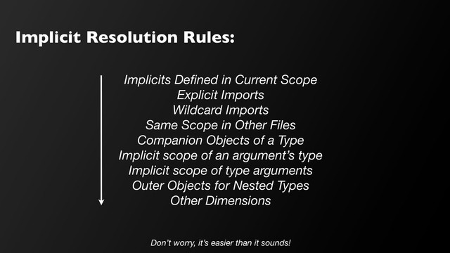 Implicit Resolution Rules:
Implicits Deﬁned in Current Scope
Explicit Imports
Wildcard Imports
Same Scope in Other Files
Companion Objects of a Type
Implicit scope of an argument’s type
Implicit scope of type arguments
Outer Objects for Nested Types
Other Dimensions
Don’t worry, it’s easier than it sounds!
