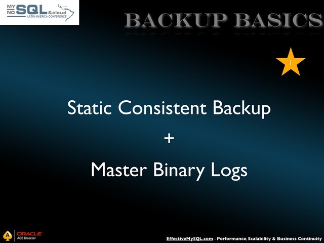 EffectiveMySQL.com - Performance, Scalability & Business Continuity
Backup Basics
Static Consistent Backup
+
Master Binary Logs
1
