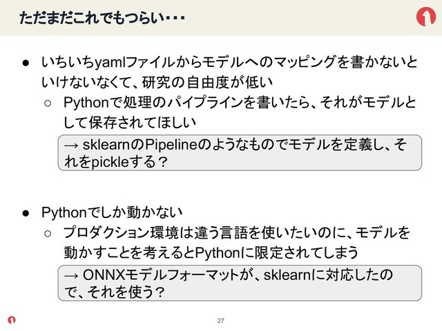ただまだこれでもつらい・・・
● いちいちyamlファイルからモデルへ マッピングを書かないと
いけないなくて、研究 自由度が低い
○ Pythonで処理 パイプラインを書いたら、それがモデルと
して保存されてほしい
● Pythonでしか動かない
○ プロダクション環境 違う言語を使いたい に、モデルを
動かすことを考えるとPythonに限定されてしまう
27
→ sklearn Pipeline ようなも でモデルを定義し、そ
れをpickleする？
→ ONNXモデルフォーマットが、sklearnに対応した
で、それを使う？
