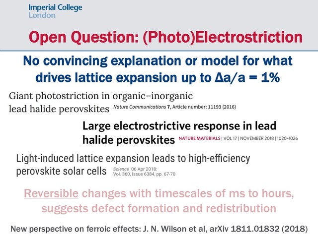 Open Question: (Photo)Electrostriction
New perspective on ferroic effects: J. N. Wilson et al, arXiv 1811.01832 (2018)
No convincing explanation or model for what
drives lattice expansion up to Δa/a = 1%
Reversible changes with timescales of ms to hours,
suggests defect formation and redistribution
