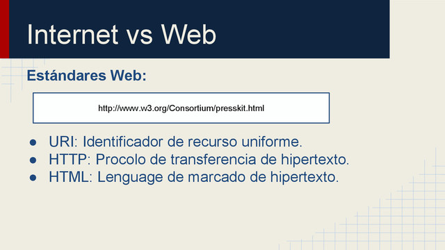 Internet vs Web
Estándares Web:
● URI: Identificador de recurso uniforme.
● HTTP: Procolo de transferencia de hipertexto.
● HTML: Lenguage de marcado de hipertexto.
http://www.w3.org/Consortium/presskit.html
