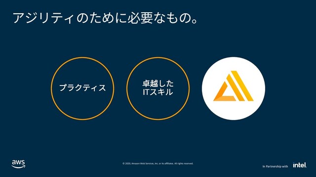 © 2020, Amazon Web Services, Inc. or its affiliates. All rights reserved.
In Partnership with
アジリティのために必要なもの。
